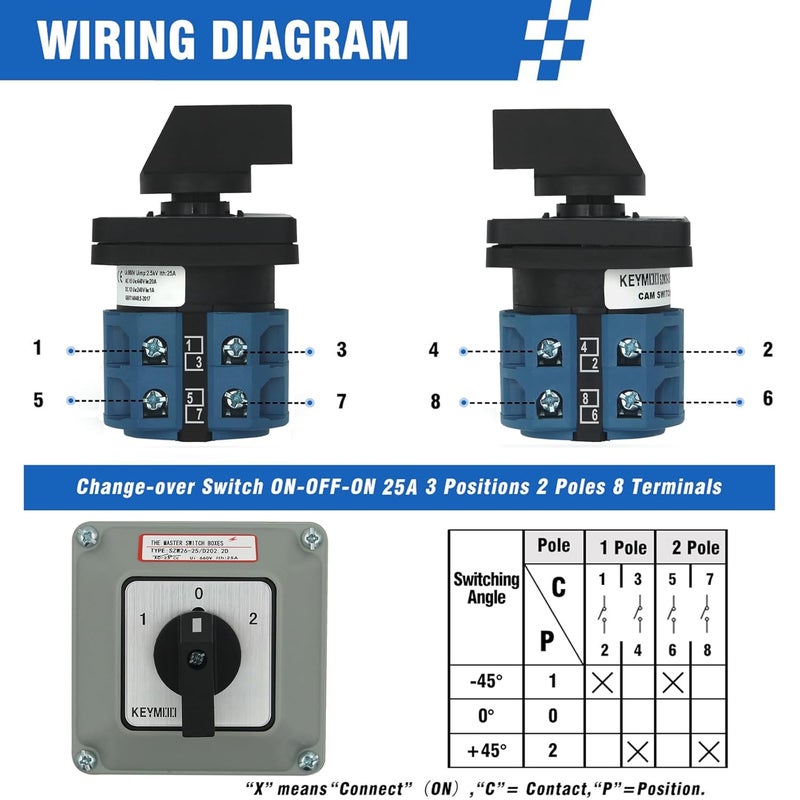 Keymoo 25A Rotary Changeover Switch with Exterior Box for Solar Power System, 3 Position 2 Phase 8 Terminals, 2-Way 2NO 2NC Universal Selector Switch 25/D202.2D - Image 2